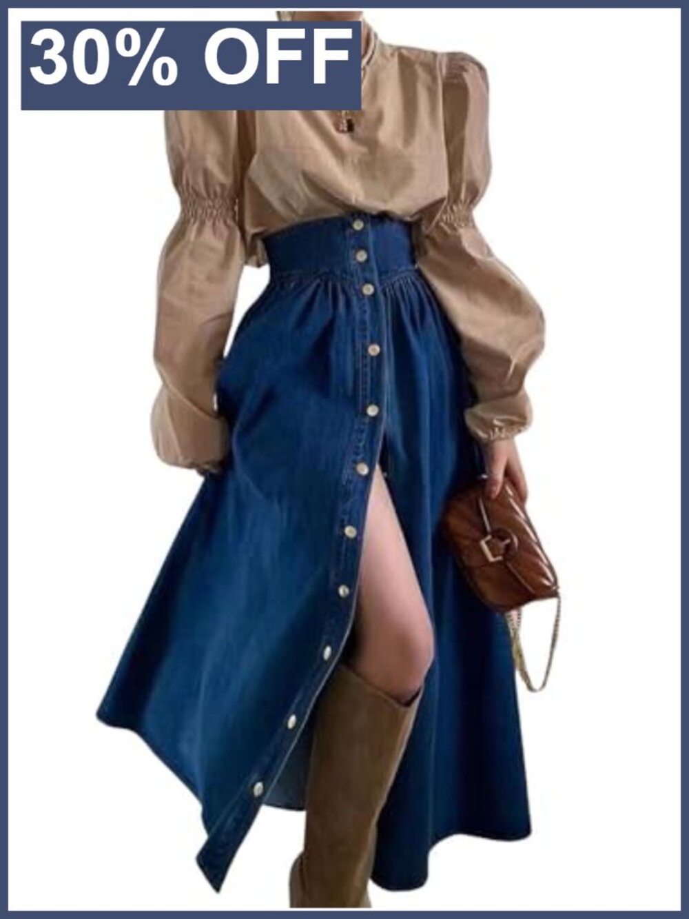 High Waist Long Denim Maxi Skirt Button Down A-Line Swing Jean Skirt with